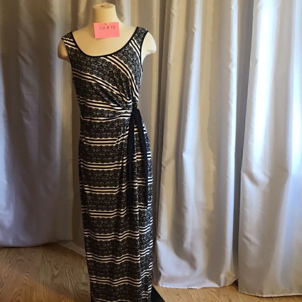 London Times Black and White Striped Maxi Dress